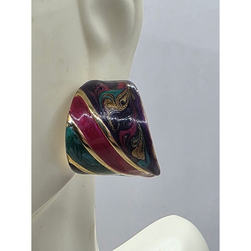 VTG Artisan Enamel Metal Pierced Earrings Eclectic Gypsy Style 1"